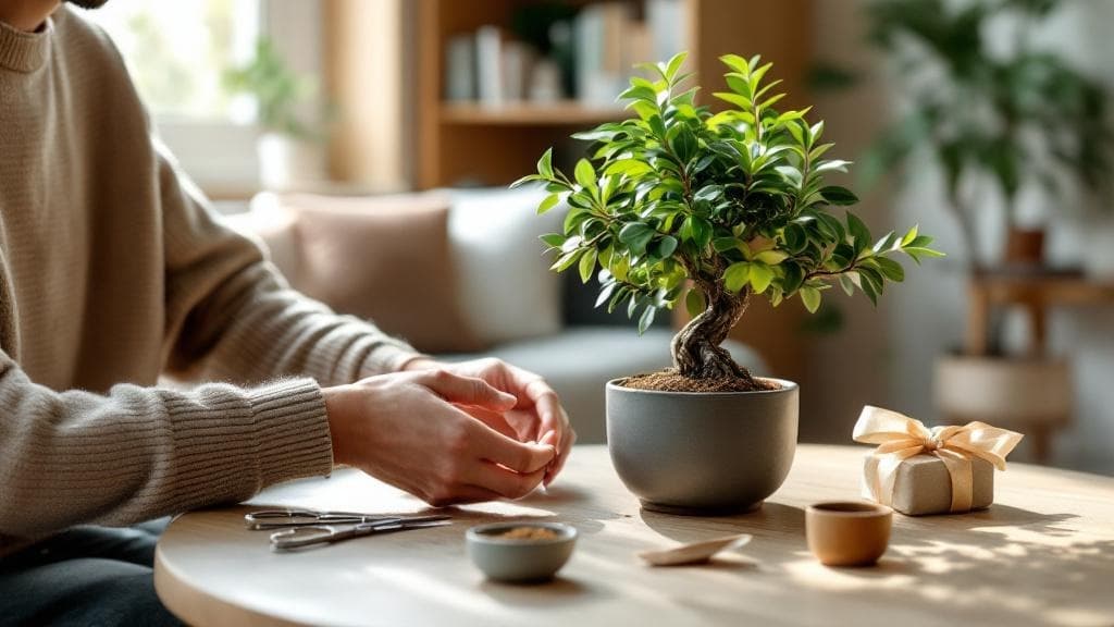 Close-up of bonsai leaves and soil in natural light