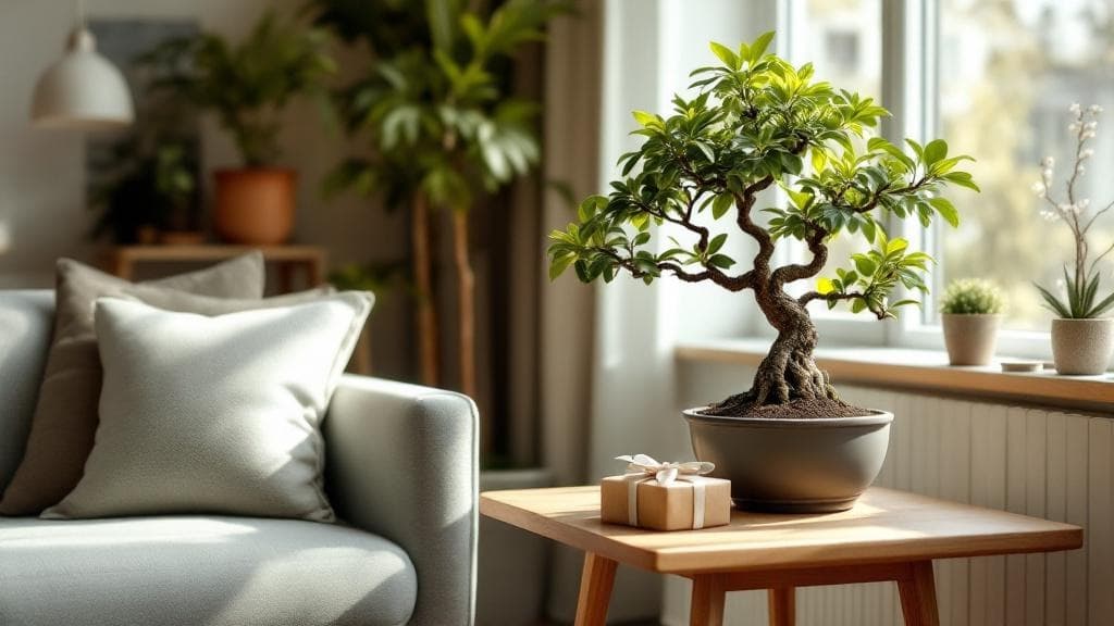 Beautifully arranged bonsai trees on a window ledge